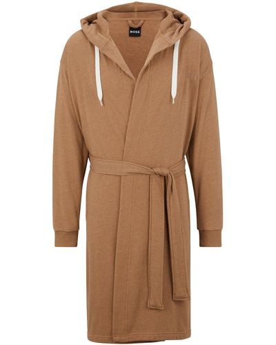 BOSS Hooded Dressing Gown With Logo-print Sleeves - Brown