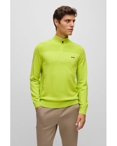 BOSS Branded Zip-neck Sweater In Dry-flex Fabric - Green