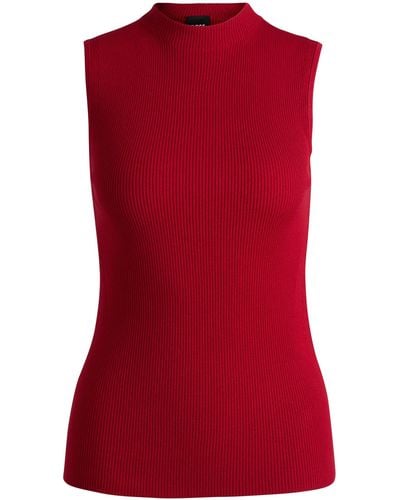 BOSS Sleeveless Mock-neck Top In Ribbed Fabric - Red