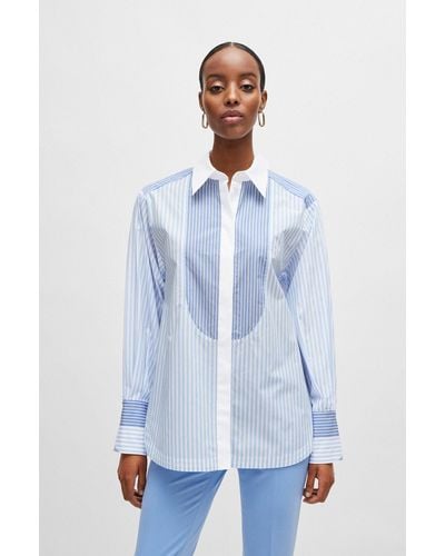 BOSS Pure-cotton Blouse With Mixed Vertical Stripes - Blue