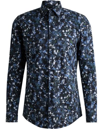 BOSS Slim-fit Shirt In Printed Stretch-cotton Poplin - Blue
