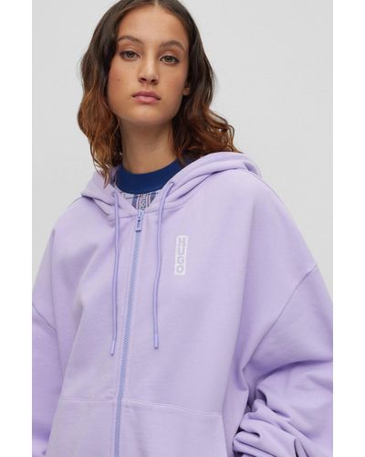 HUGO Cotton-terry Zip-up Hoodie With Marker-inspired Logo - Purple