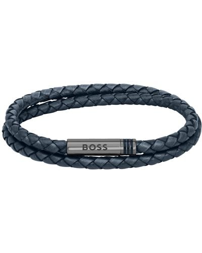 BOSS Double-wrap Cuff In Blue Braided Leather