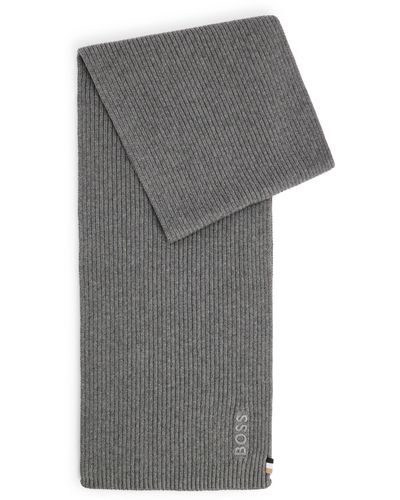BOSS Ribbed Scarf In A Cotton Blend With Logo Details - Gray
