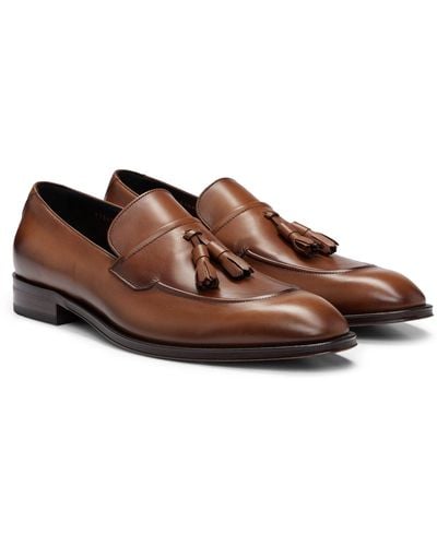 BOSS Leather Loafers With Tassel Trim - Brown
