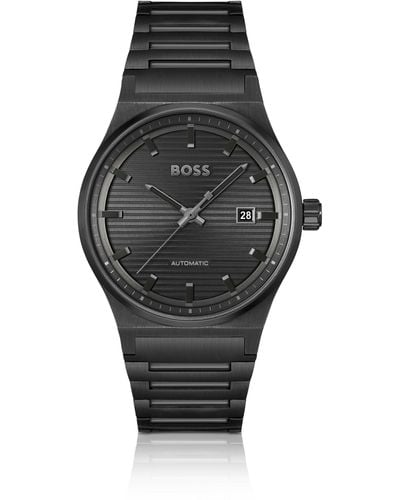 BOSS Zwartgecoat Automatisch Horloge Met Gegroefde Wijzerplaat