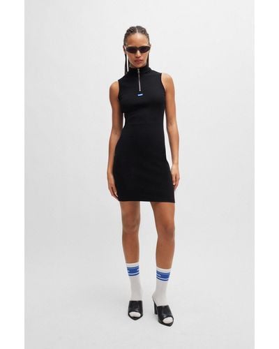 HUGO Slim-fit Dress In Stretch Cotton With Zip Neckline - Black