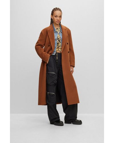 HUGO Double-breasted Coat In A Relaxed Fit - Brown