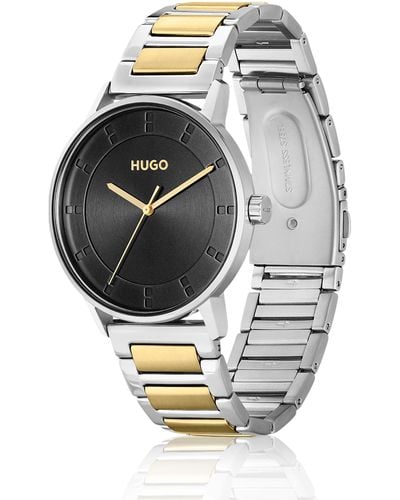 HUGO Horloge Met Zwarte Wijzerplaat En Tweekleurige, Geschakelde Polsband - Grijs