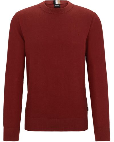BOSS Fein strukturierter Pullover aus Baumwolle mit Rundhalsausschnitt - Rot