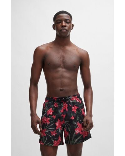 HUGO Fully Lined Swim Shorts With Seasonal Print - Red