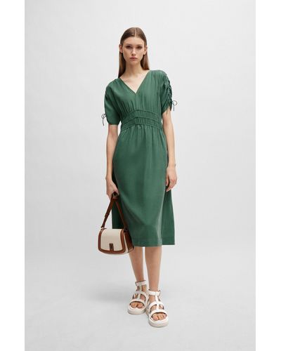 BOSS Slim-fit Midi Dress With Gathered Sleeves - Green