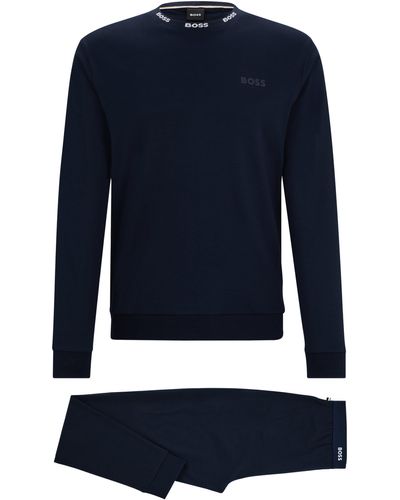 BOSS Pyjama Van Interlocked Katoen Met Logotailleband - Blauw
