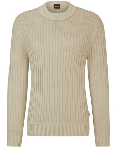 BOSS Regular-Fit Pullover aus Woll-Mix mit breitem Ripp-Muster - Natur