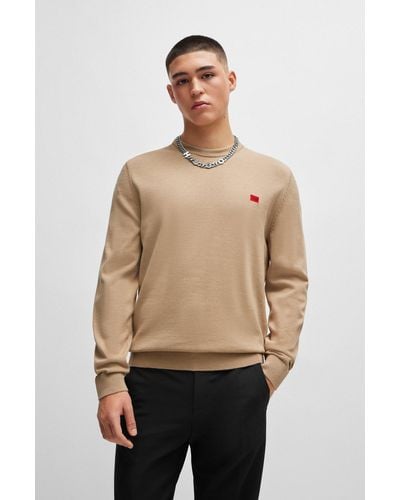 HUGO Knitted Cotton Sweater With Red Logo Label - Natural
