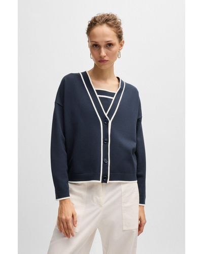 BOSS V-neck Cardigan In Stretch Fabric With Button Closure - Blue