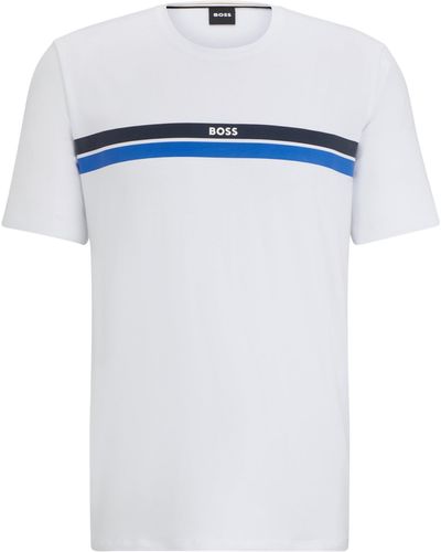 BOSS Pyjama-Shirt aus elastischem Baumwoll-Jersey mit Logo-Streifen - Weiß