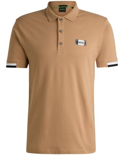 BOSS Mercerised-cotton Polo Shirt With Signature Stripes - Natural