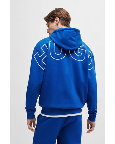 HUGO Sweat à capuche en molleton de coton avec logos contourés - Bleu