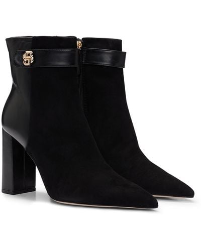 BOSS Block-heel Ankle Boots In Suede And Leather - Black