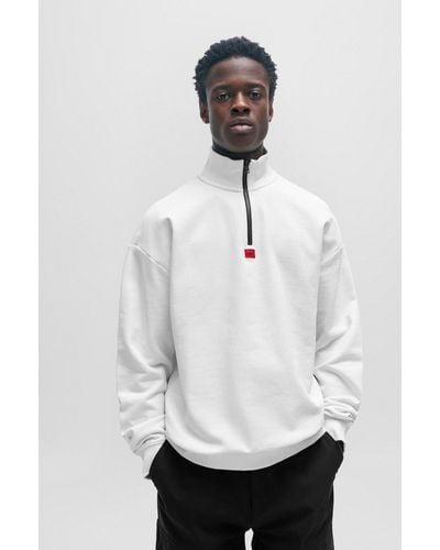 HUGO Relaxed-fit Zip-neck Sweatshirt In French Terry Cotton - White