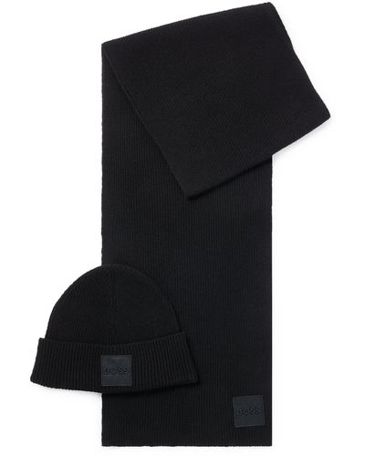 BOSS Scarf And Beanie Hat Set With Embroidered-logo Badge - Black