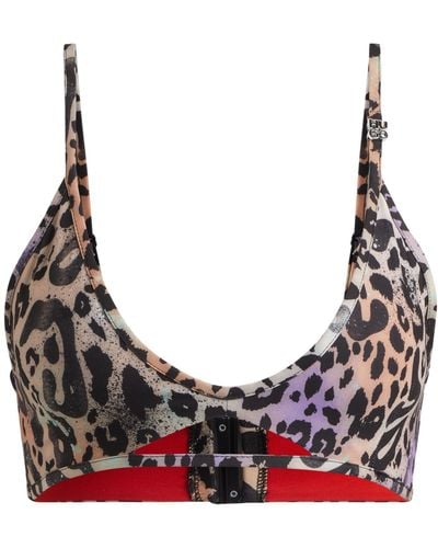 HUGO Leopard-print Bikini Top With Logo Charm - Multicolour