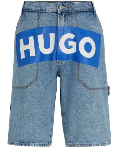 HUGO Denim Shorts Met Logoprint - Blauw