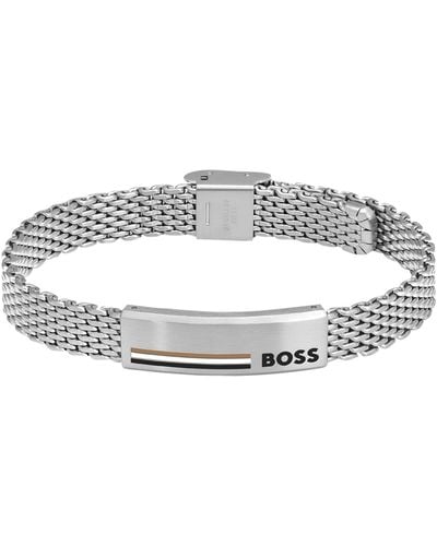 BOSS Stainless-steel Mesh Cuff With Signature Plate - Grey