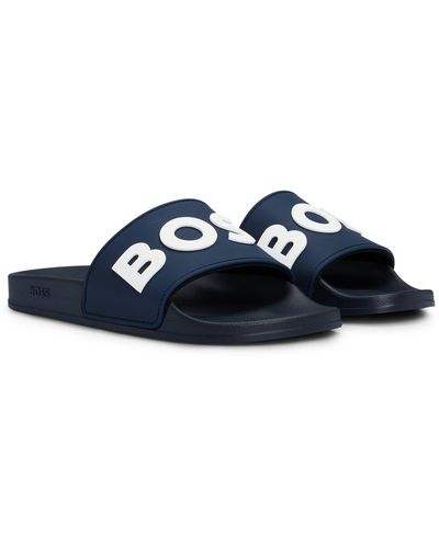 BOSS In Italië Vervaardigde Slippers Met Verhoogd Logo - Blauw