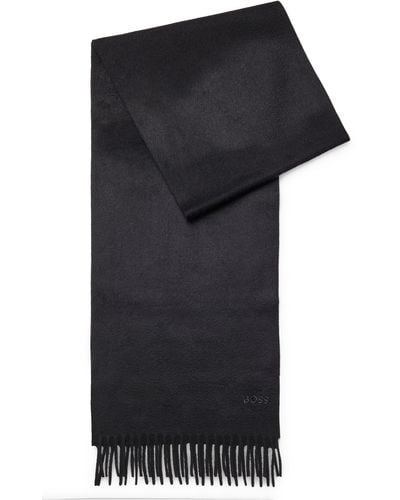 BOSS Bufanda de puro cashmere italiano con logo bordado y flecos - Negro