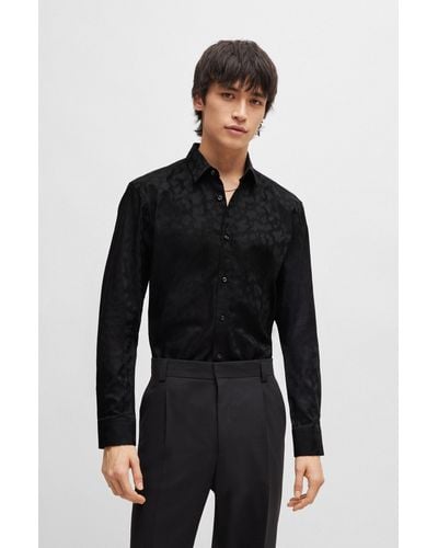 HUGO Extra-slim-fit Cotton Shirt With Jacquard-woven Pattern - Black