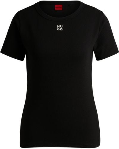 HUGO T-shirt Van Een Katoenmix Met Tweedelig Logostiksel - Zwart