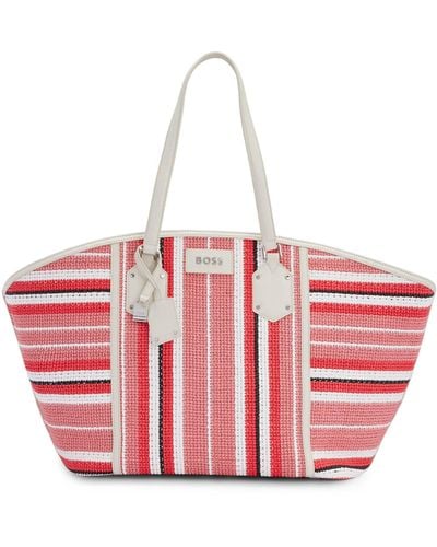 BOSS Leather-trimmed Tote Bag In Multi-coloured Raffia - Pink