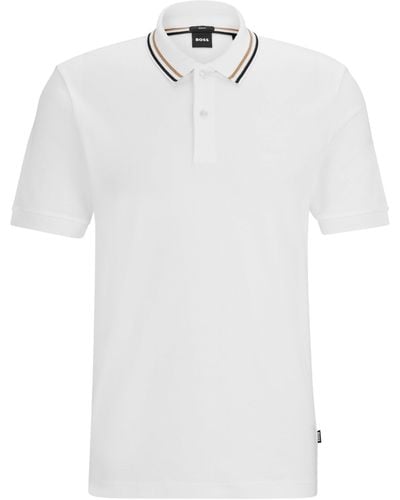 BOSS Slim-Fit Poloshirt aus Baumwolle mit gestreiftem Kragen - Weiß