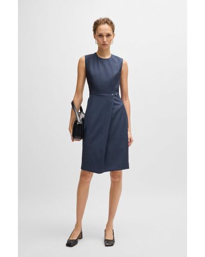 BOSS Shift-style Dress In Virgin Wool With Wrap Skirt - Blue