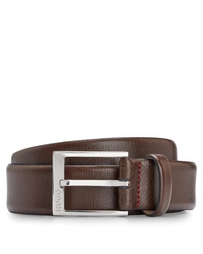 HUGO Grained-leather Belt With Logo Buckle - Brown