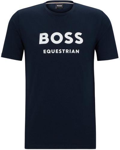 BOSS T-shirt Voor Ruiters Met Korte Mouwen En Logo, Van Stretchkatoen - Blauw