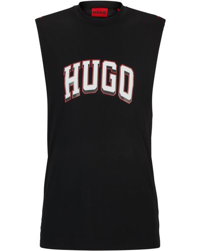 HUGO Tanktop mit Logo-Print und Mesh-Rückseite - Schwarz