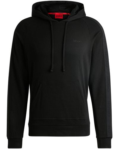 HUGO Cotton-terry Hoodie With Logo Tape Sleeves - Black