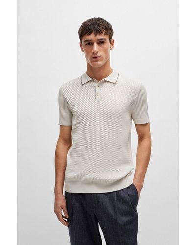 BOSS Mixed-knit Polo Jumper In Silk And Cotton - White