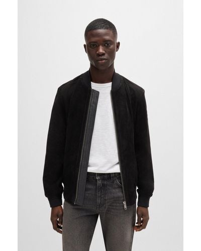 BOSS Suede Bomber Jacket With Ribbed Trims - Black
