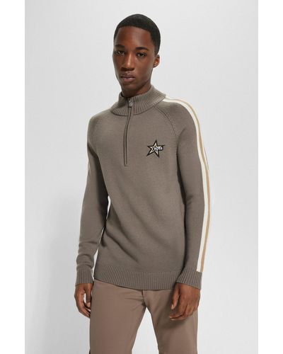 BOSS X Perfect Moment Zip-neck Sweater In Virgin Wool - Brown