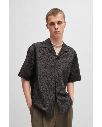 HUGO Oversized-fit Shirt In Seasonal-print Cotton Poplin - Black