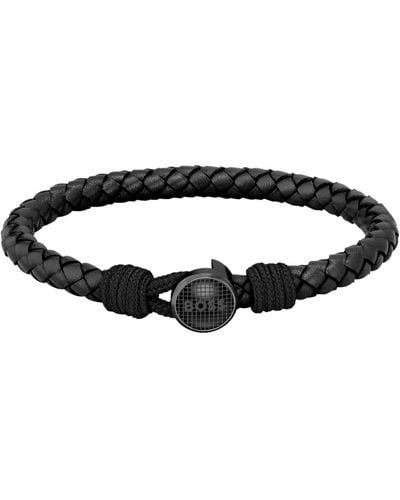 BOSS Geflochtenes Armband aus schwarzem Leder mit Logo-Anstecker