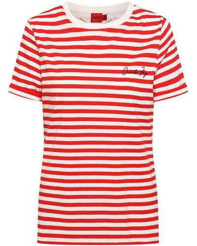 HUGO Striped Slim-fit T-shirt In Organic Cotton With Slogan - Red