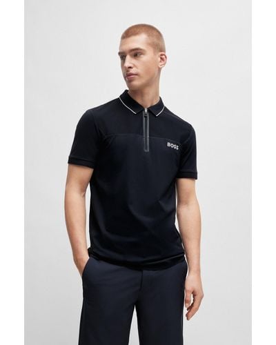 BOSS Zip-neck Slim-fit Polo Shirt With Mesh Details - Black