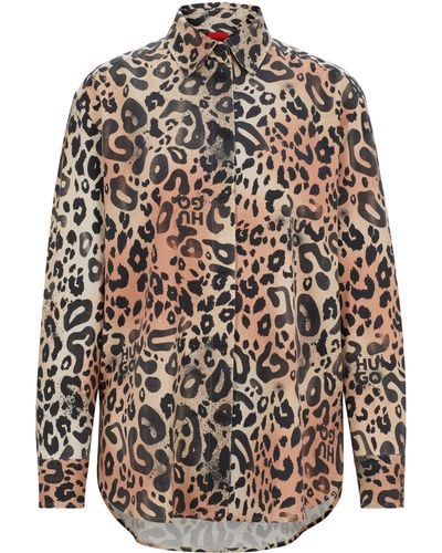 HUGO Oversized Bluse aus Twill mit Leoparden-Print - Mehrfarbig