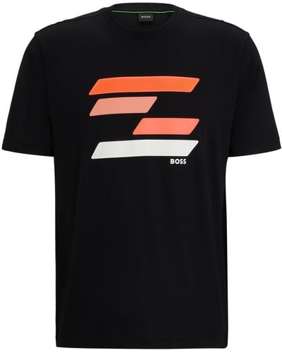 BOSS T-shirt Van Katoenen Jersey Met vlaggeïnspireerd Artwork - Zwart