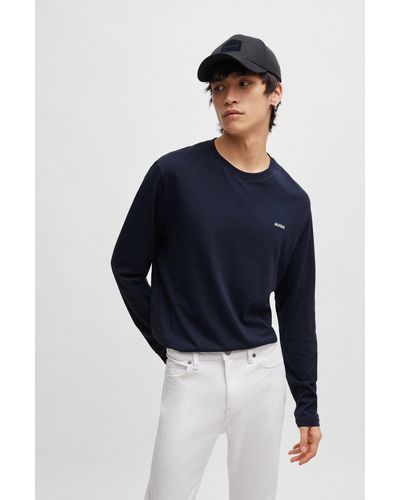 HUGO Camiseta de manga larga en punto de algodón con logo estampado - Azul
